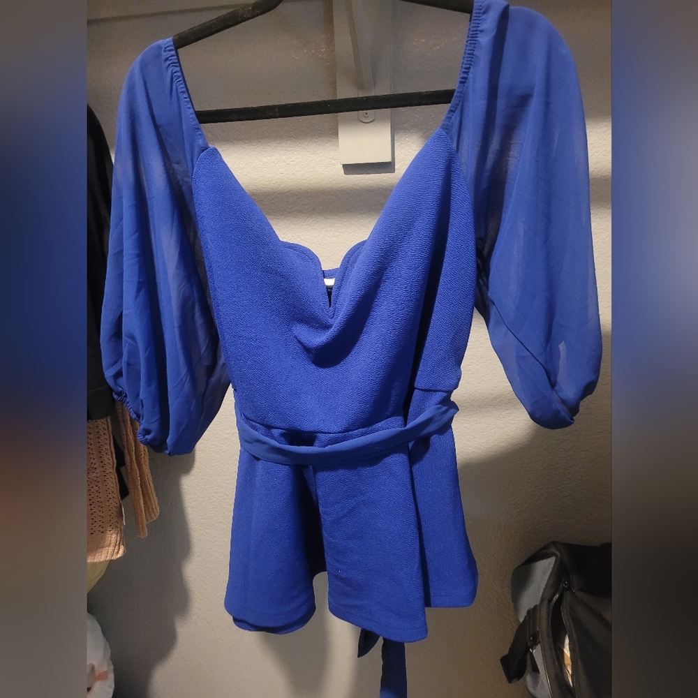 Long Sleeve Blue Lace Top Shirt Plus Size 1X.